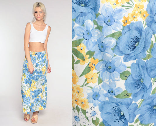 90s Blue Floral Wrap Maxi Skirt Cotton Flower Print Medium Large