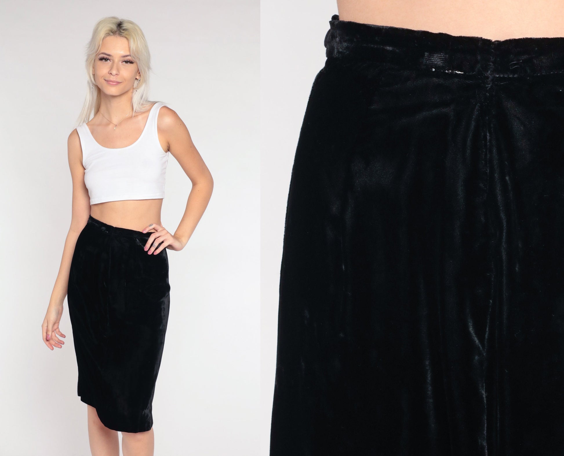 70s Black Velvet Midi Skirt High Waisted Pencil Extra Small XS