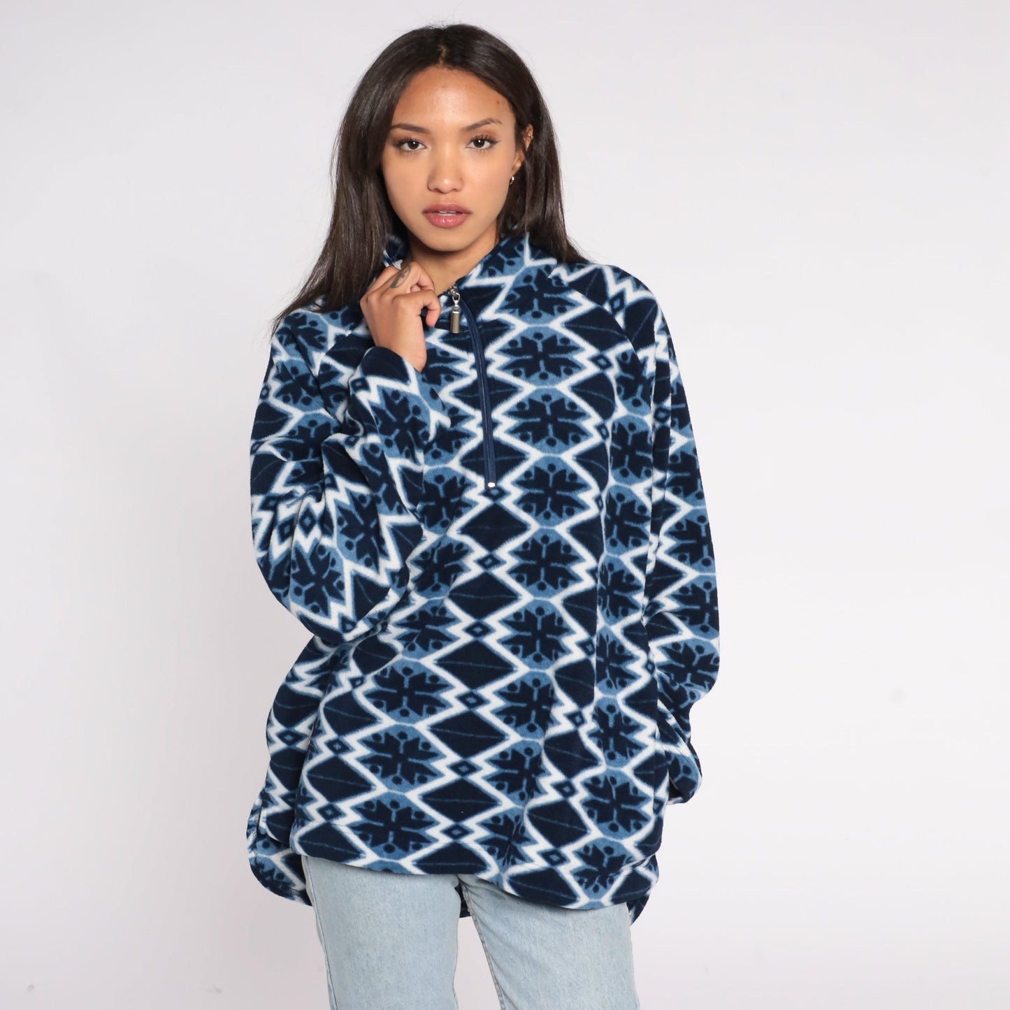 Y2K Nordic Snowflake Fleece Mock Neck Pullover Blue Extra Extra Large XXL