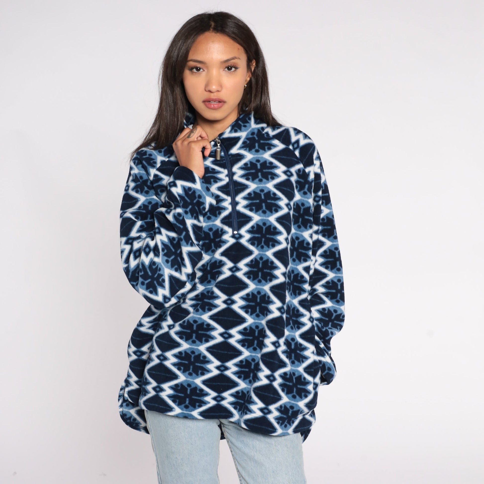 Y2K Nordic Snowflake Fleece Mock Neck Pullover Blue Extra Extra Large XXL