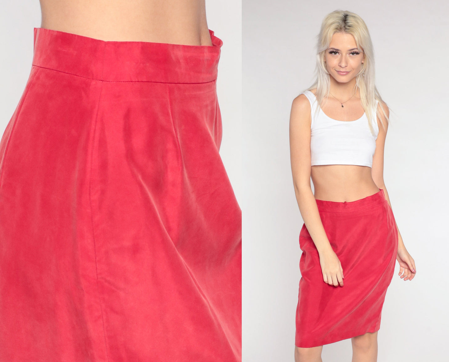 90s Red Silk Pencil Skirt High Waist Mini Wiggle Small 6