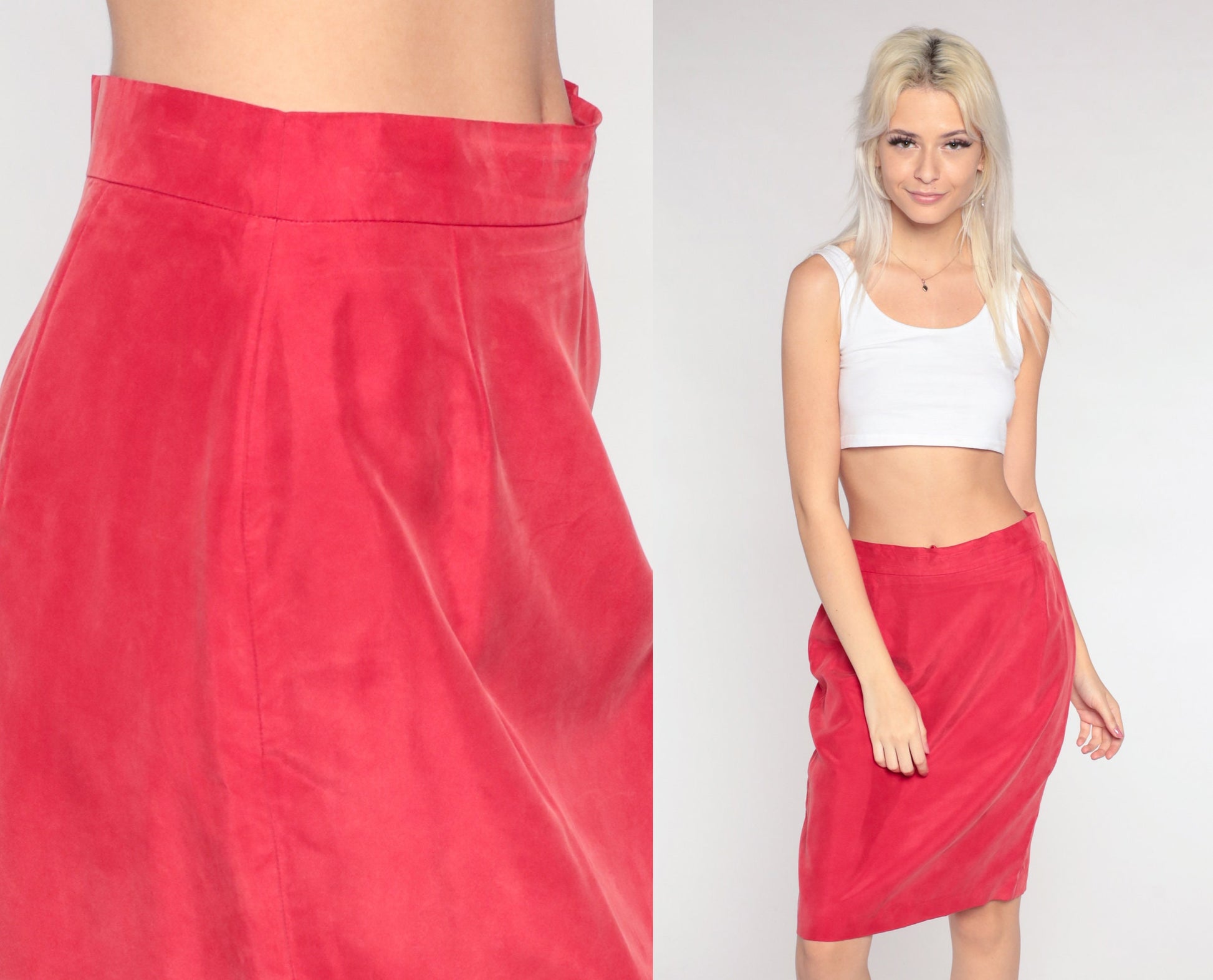 90s Red Silk Pencil Skirt High Waist Mini Wiggle Small 6