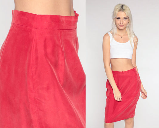 90s Red Silk Pencil Skirt High Waist Mini Wiggle Small 6