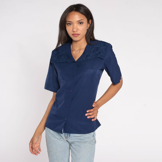 90s Navy Floral Embroidered Collared Blouse Short Sleeve Button Up Small