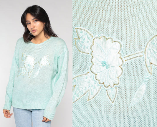90s Mint Green Floral Appliqué Knit Sweater Pullover Medium M