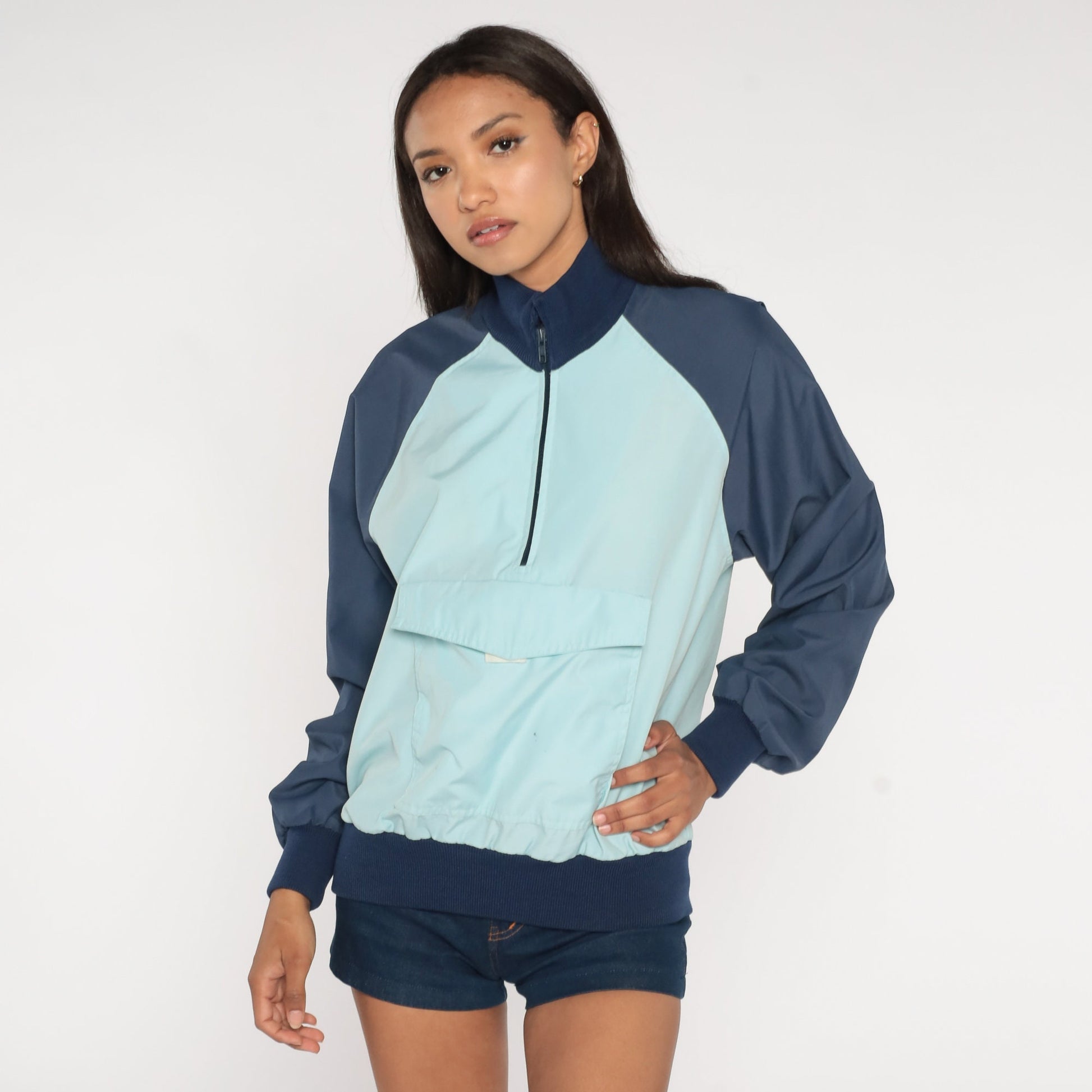 80s Baby Blue Navy Colour Block Half Zip Pullover Jacket Medium