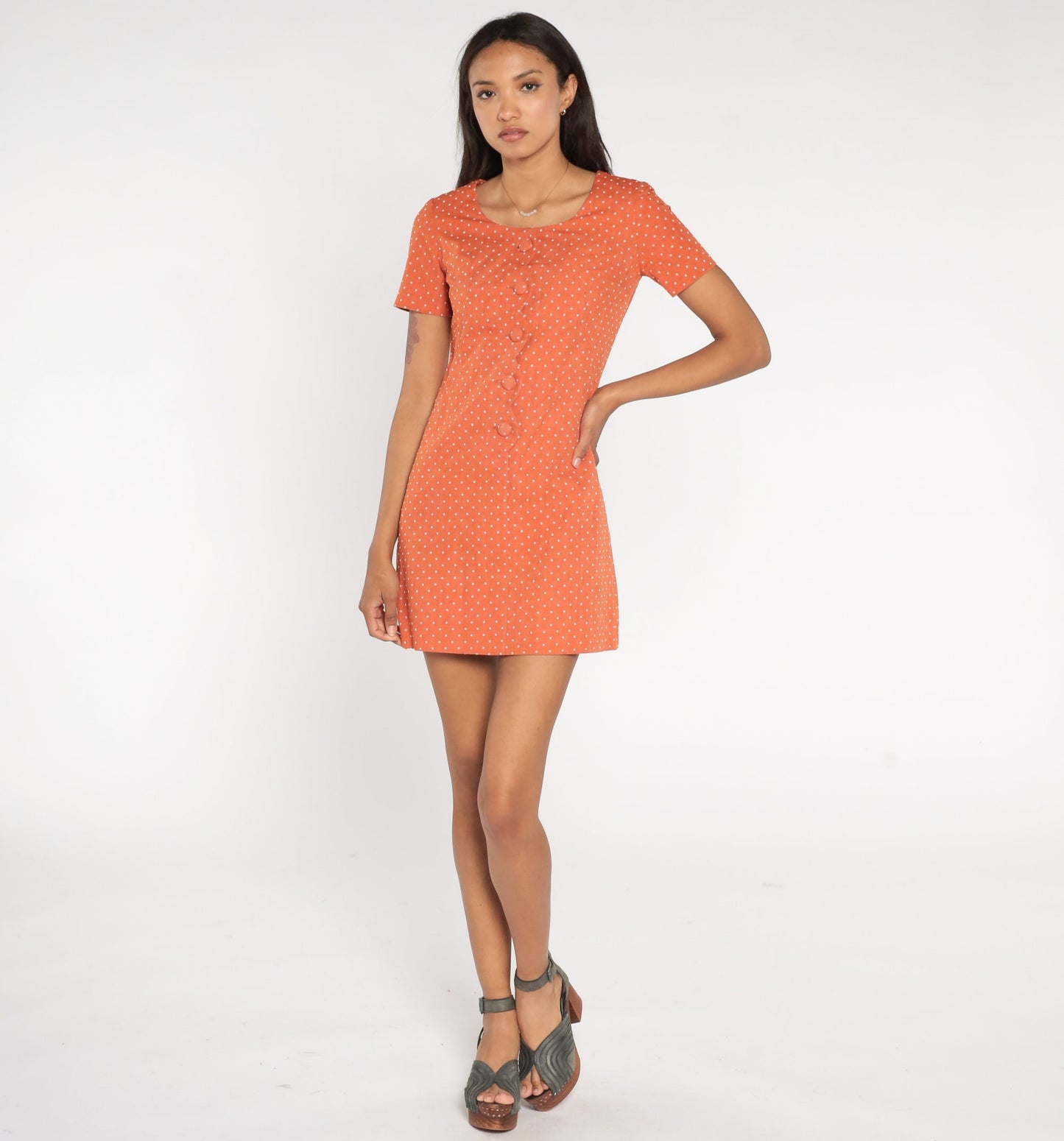 60s Orange Polka Dot Shift Dress Mini Button-Up Short Sleeve Extra Small