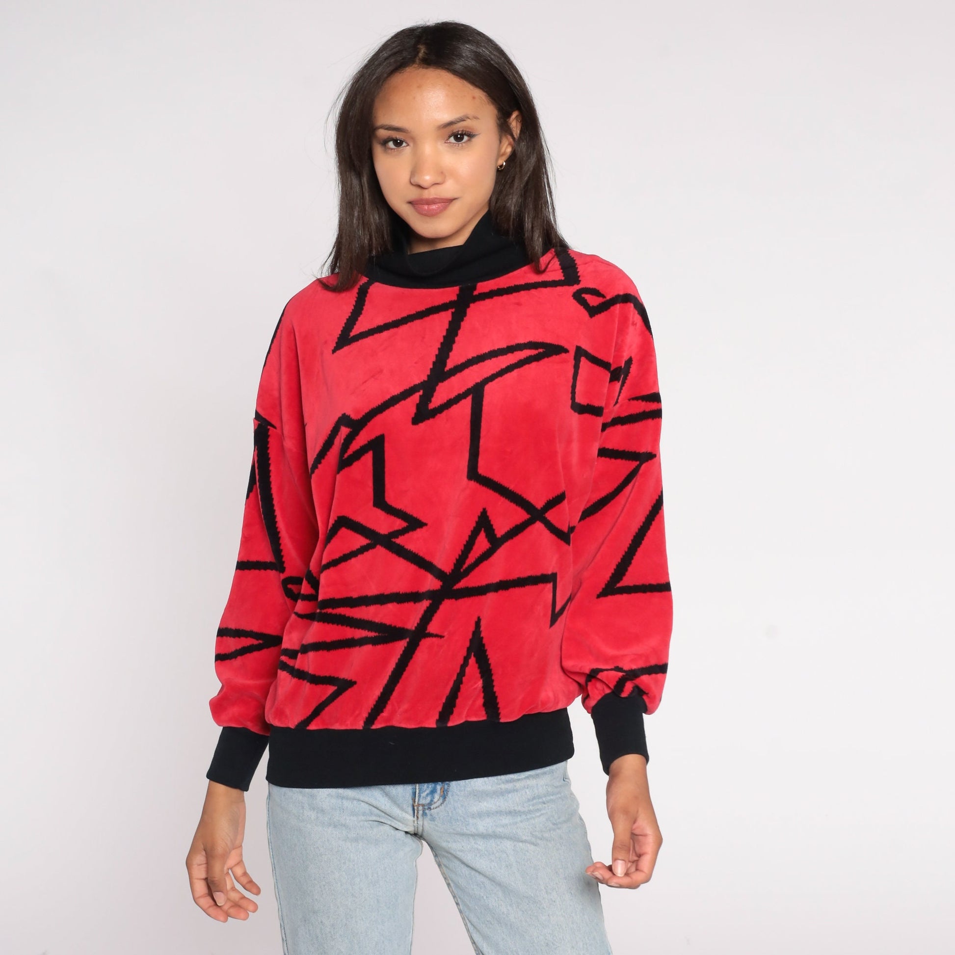 80s Red Velour Mock Neck Sweatshirt Geometric Print Pullover Medium