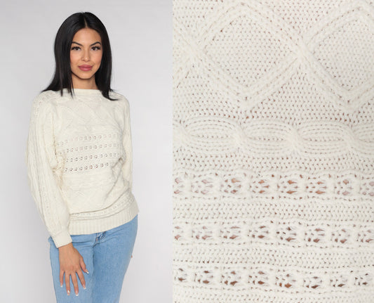 90s White Cable Knit Pointelle Pullover Sweater Small S