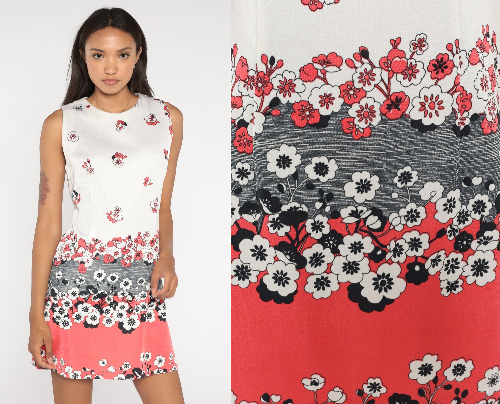 60s Floral Shift Dress Mini Sleeveless White Print Medium
