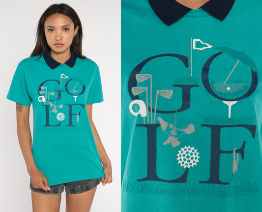 90s Golf Graphic Collared T-Shirt Turquoise Small S