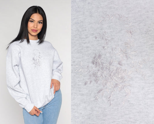 90s Floral Embroidered Sweatshirt Heather Grey Crewneck Pullover Extra Large XXL