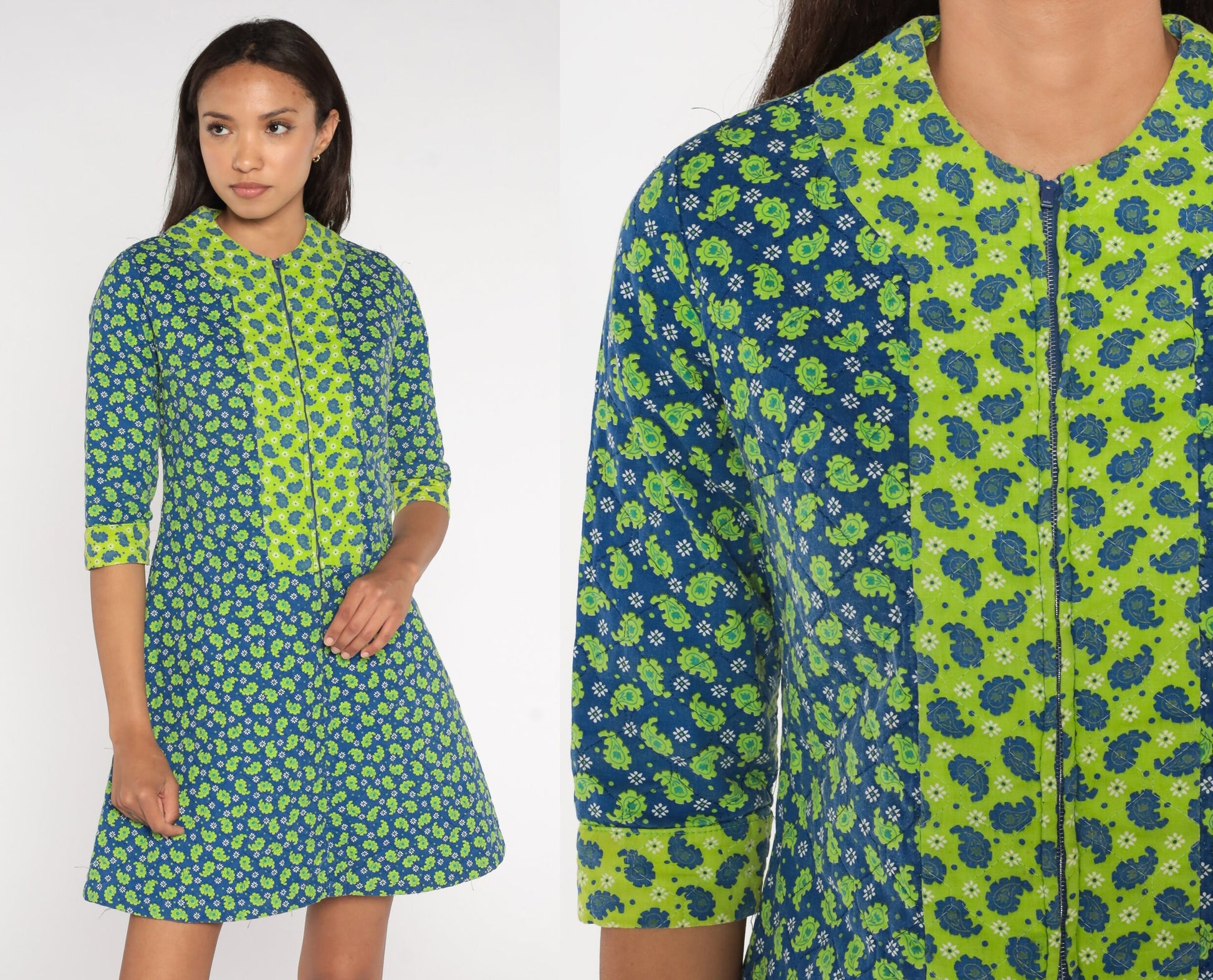 60s Paisley Quilted Mini Dress Blue Lime Green Shift Front Zipper Small
