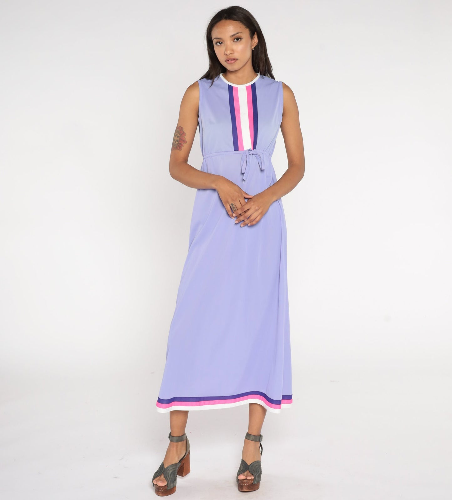 70s Lavender Nylon Slip Nightgown Striped High Waist Maxi Medium
