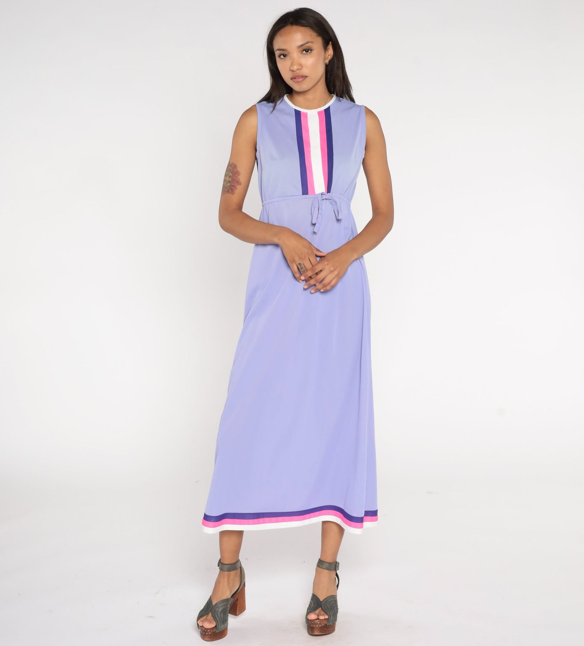 70s Lavender Nylon Slip Nightgown Striped High Waist Maxi Medium
