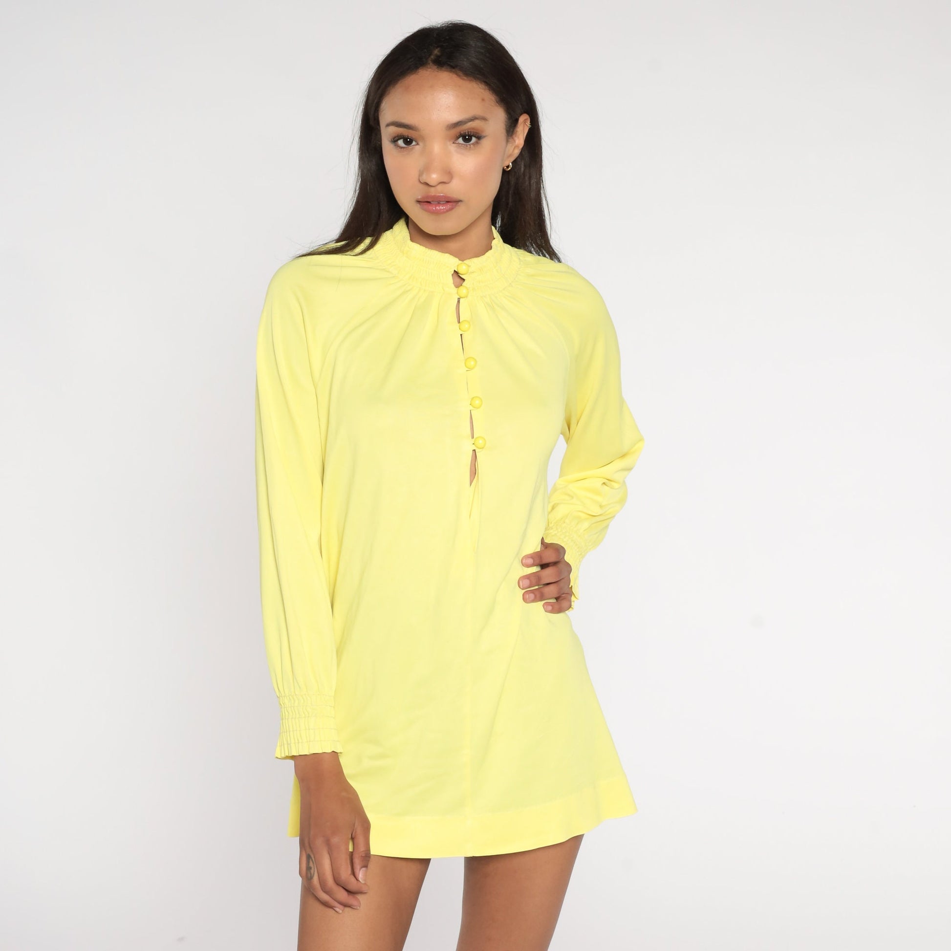 70s Cole of California Yellow Button-Up Blouse Smocked Long Raglan Sleeve Medium Large