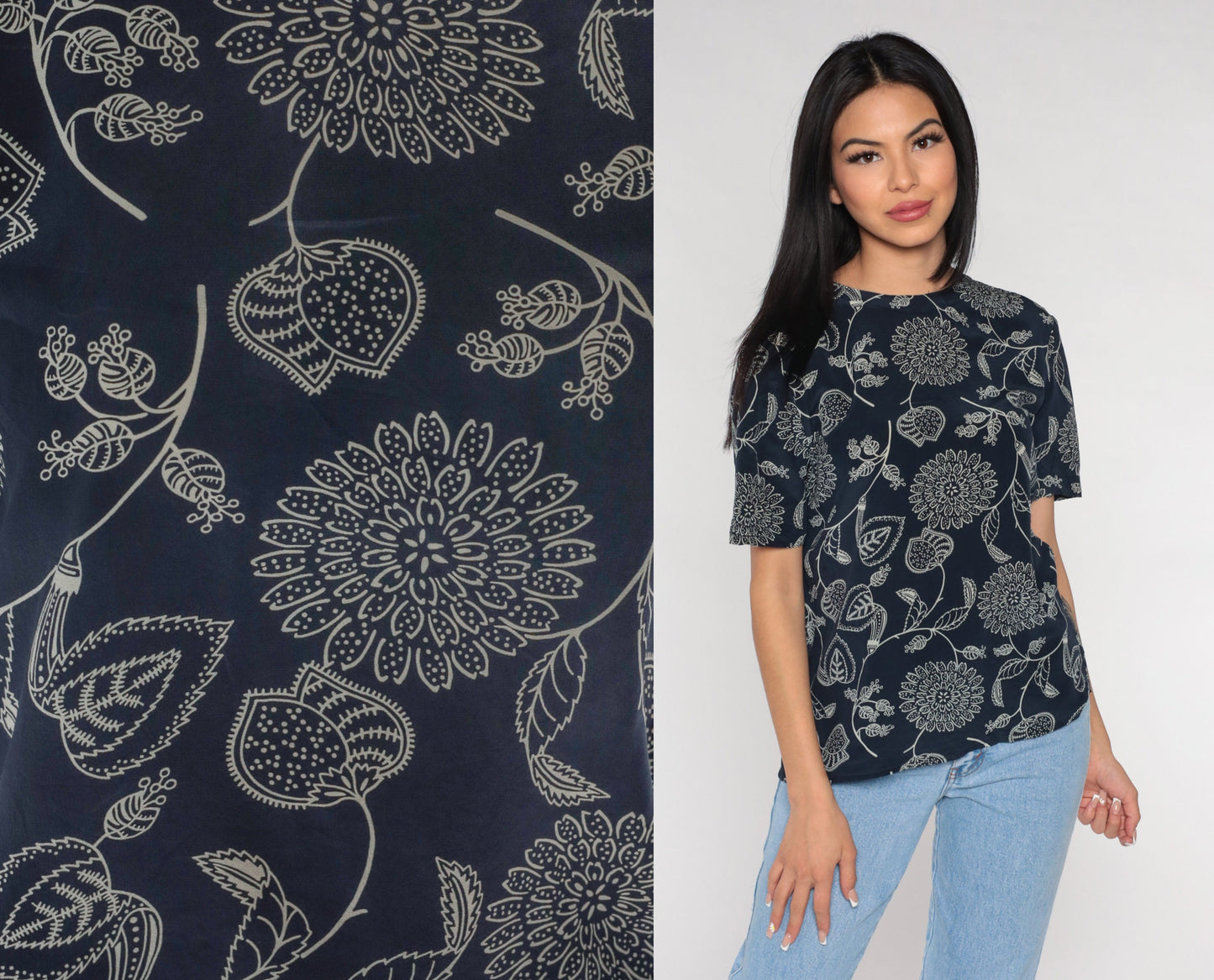 Y2K Navy Silk Blouse Floral Print Short Sleeve Button Back Small