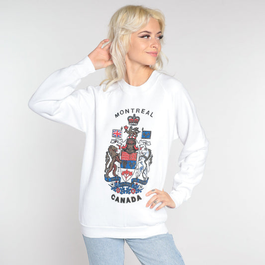 90s Montreal Canada Coat of Arms Sweatshirt White Crewneck Pullover Medium