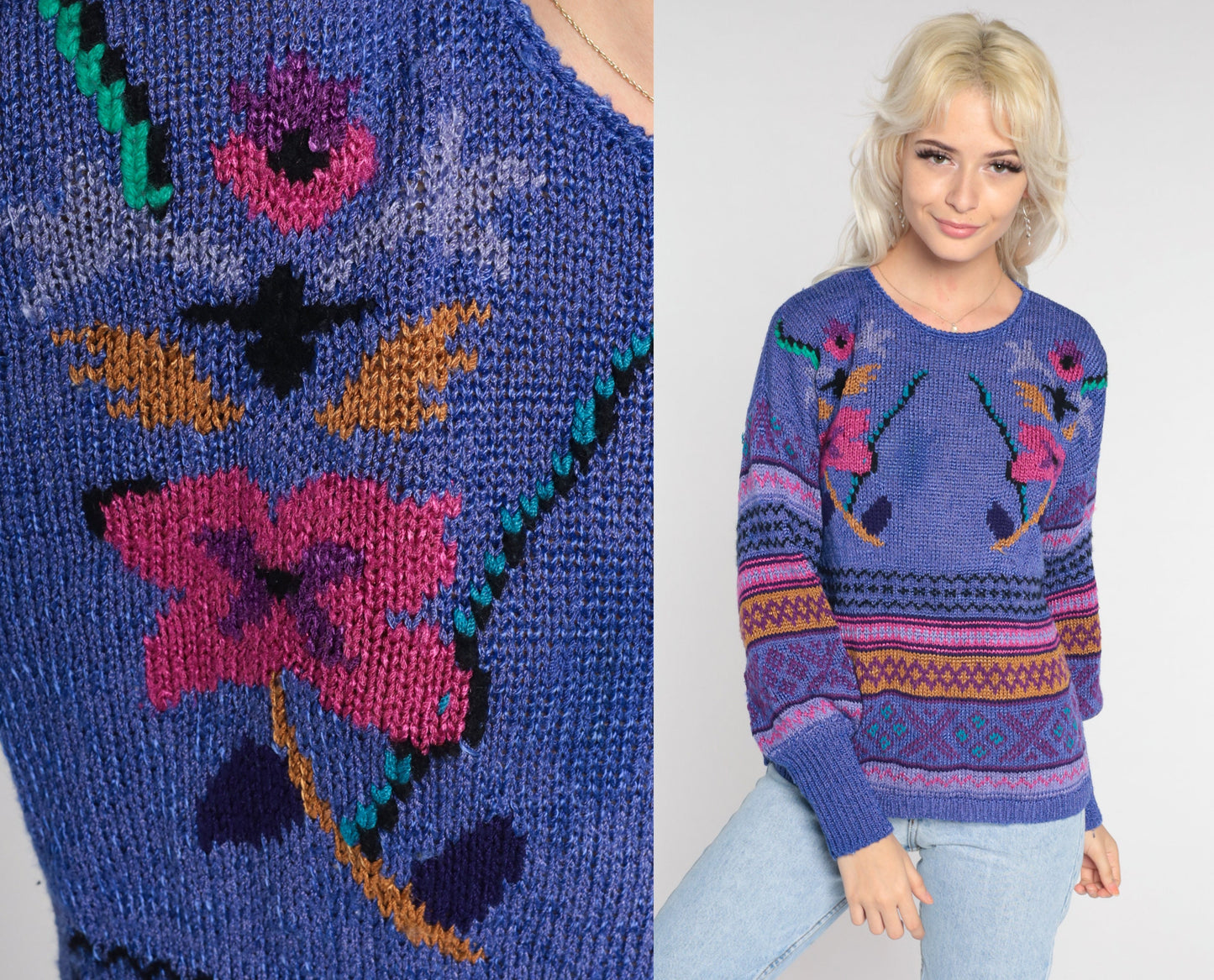 80s Purple Floral Geometric Knit Sweater Pullover Medium