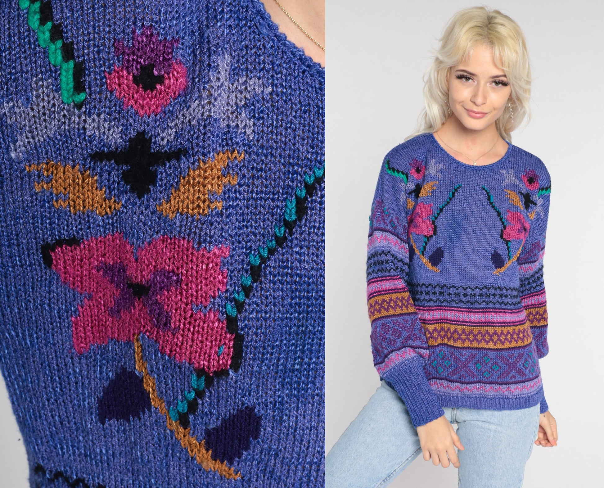 80s Purple Floral Geometric Knit Sweater Pullover Medium