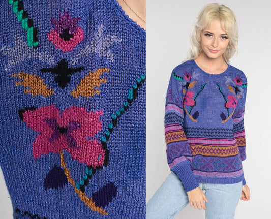80s Purple Floral Geometric Knit Sweater Pullover Medium