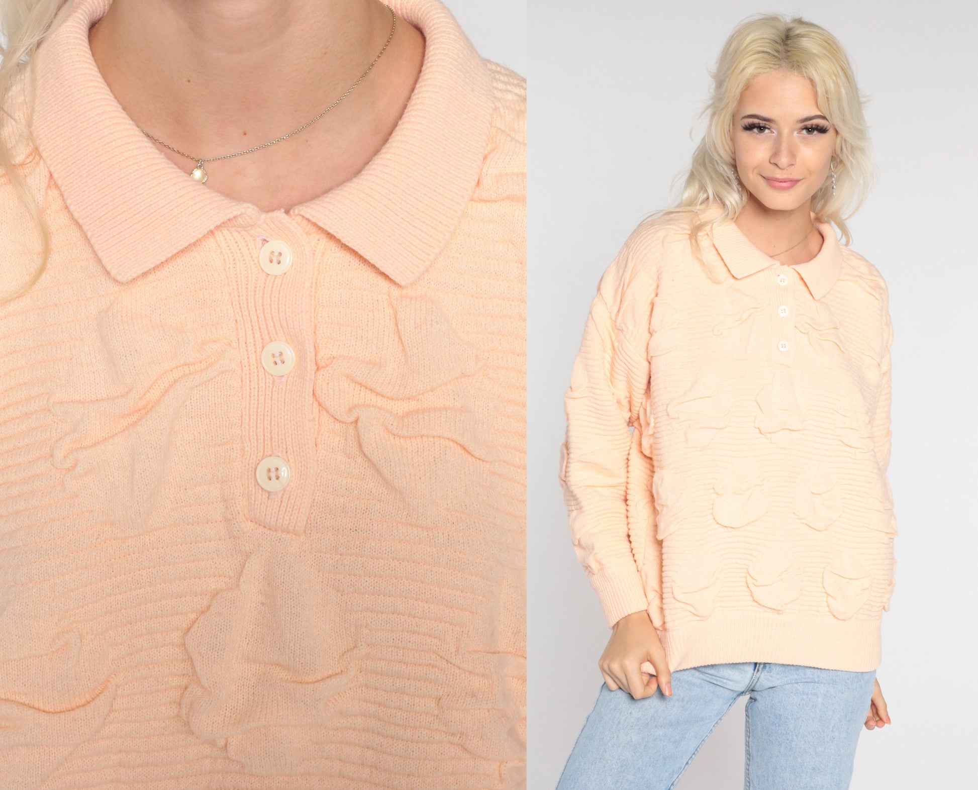 80s Peach Textured Knit Polo Sweater Collared Button-Up Medium