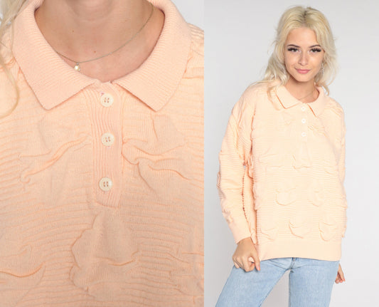 80s Peach Textured Knit Polo Sweater Collared Button-Up Medium