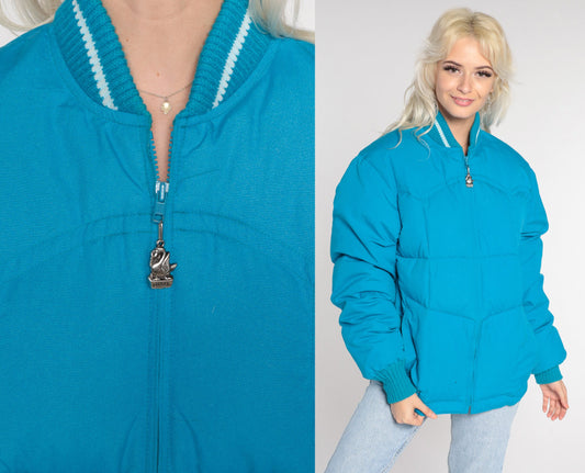 80s Blue Puffer Ski Jacket Nylon Down Fill Zip Front Medium