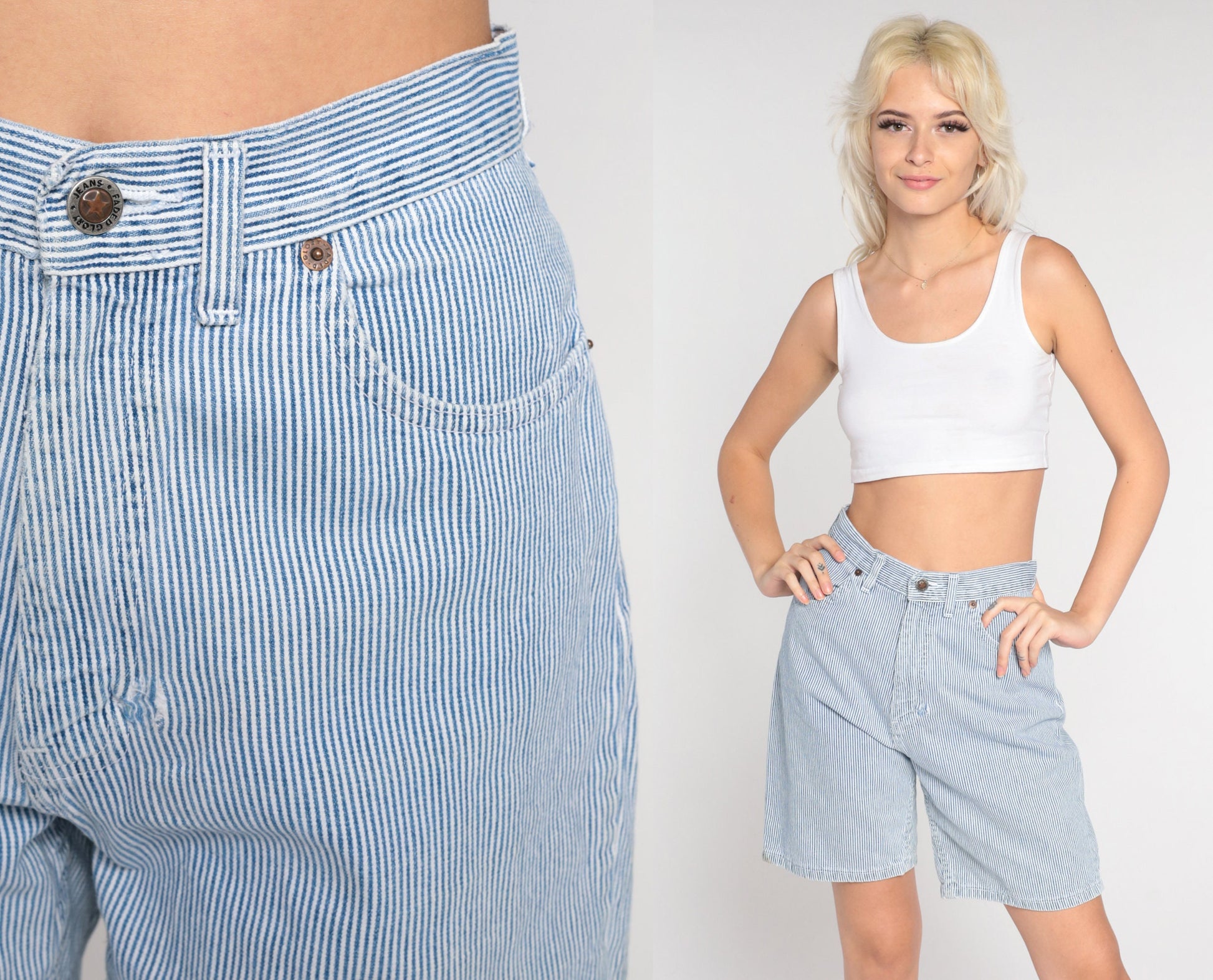 00s Faded Glory Striped Denim Shorts High Waisted Blue White Small