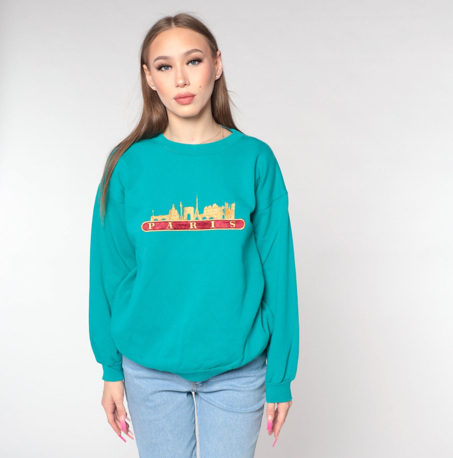 90s Paris Eiffel Tower Embroidered Sweatshirt Teal Green Crewneck Large