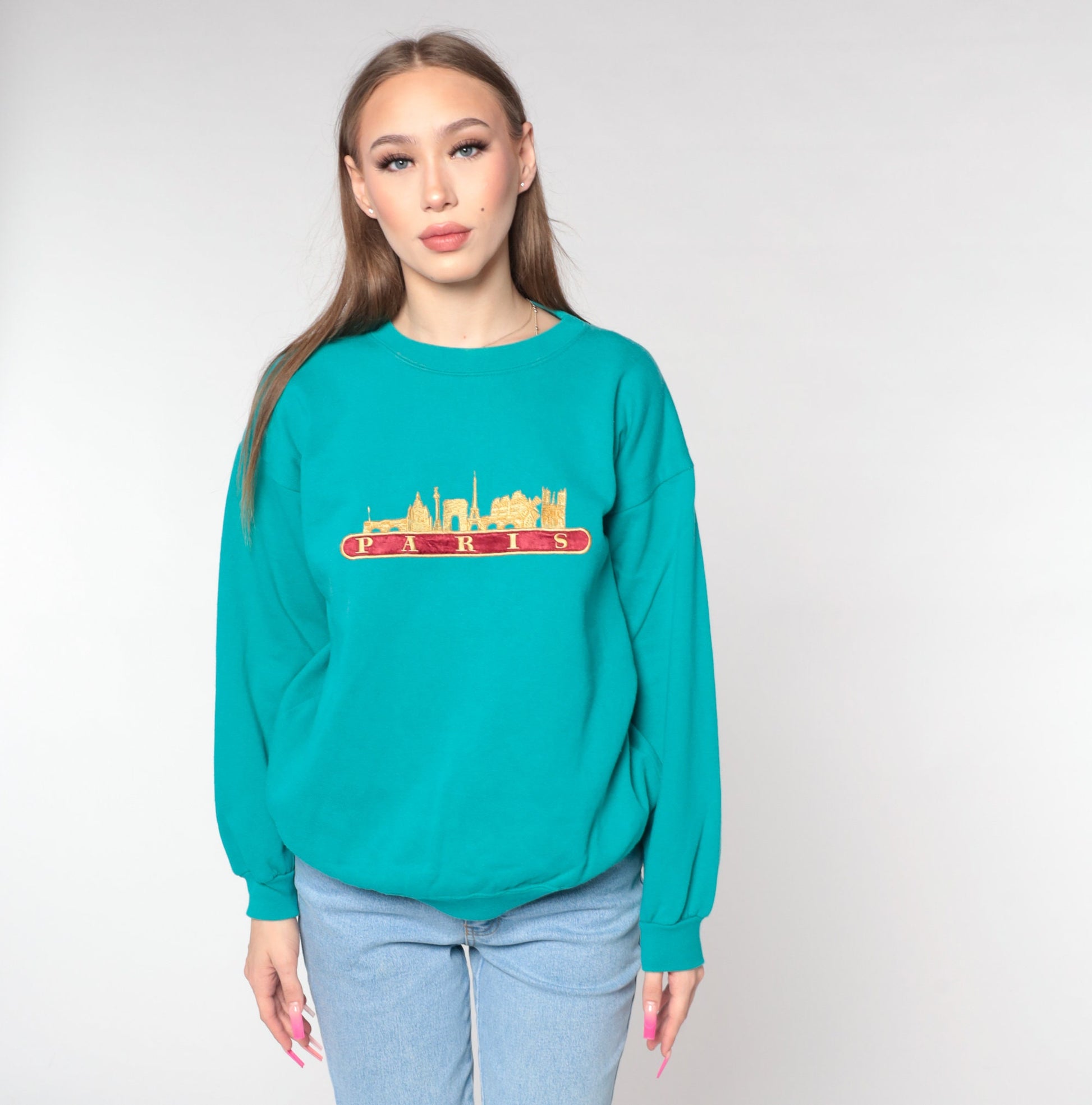 90s Paris Eiffel Tower Embroidered Sweatshirt Teal Green Crewneck Large