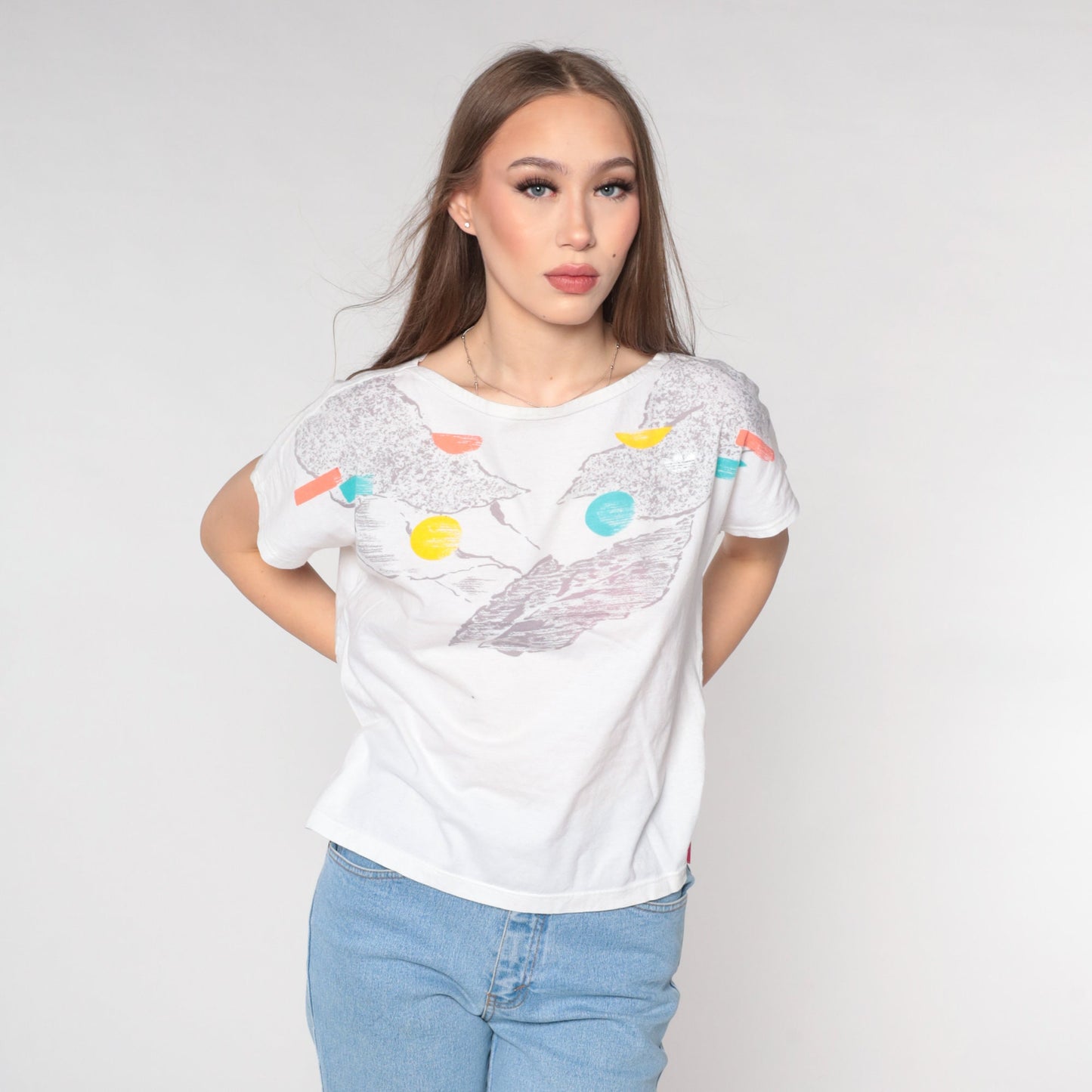 90s Adidas Abstract Print T-Shirt White Athletic Tee Medium