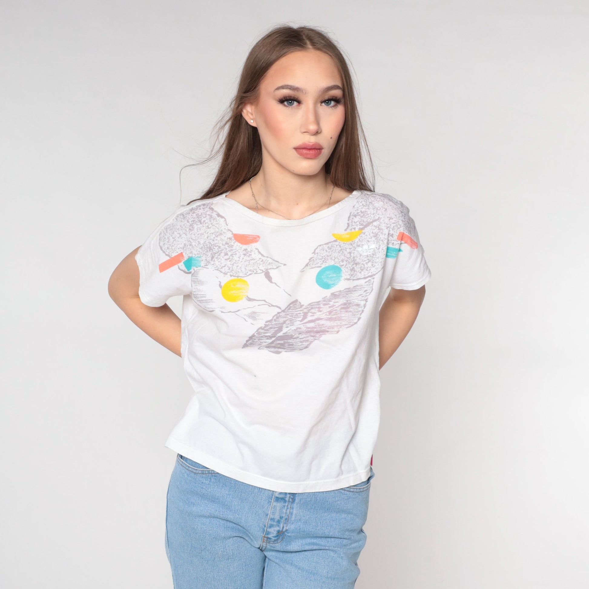 90s Adidas Abstract Print T-Shirt White Athletic Tee Medium