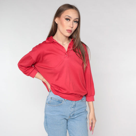 80s Red Quarter-Button Collared Sweatshirt Slouchy Pullover Medium