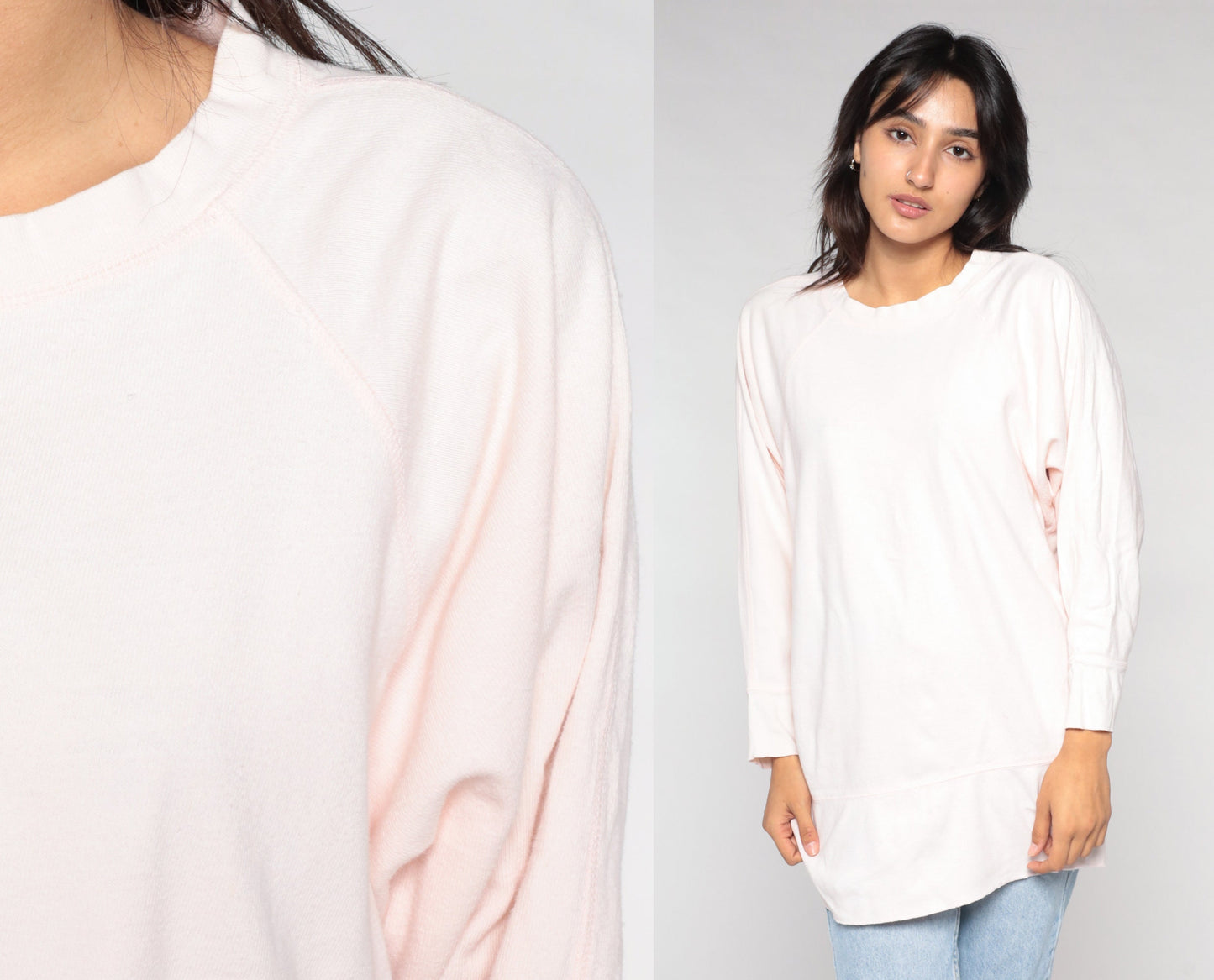 90s Light Pink Raglan Tunic Top Long Sleeve Shirt Large L