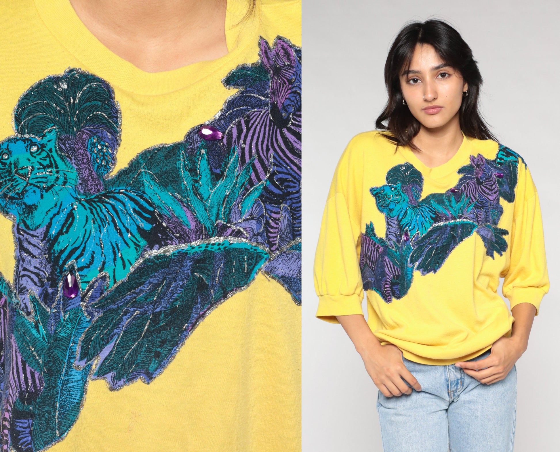 80s Wildlife Sweatshirt Yellow Glitter Tiger Zebra Palm Tree Applique Medium