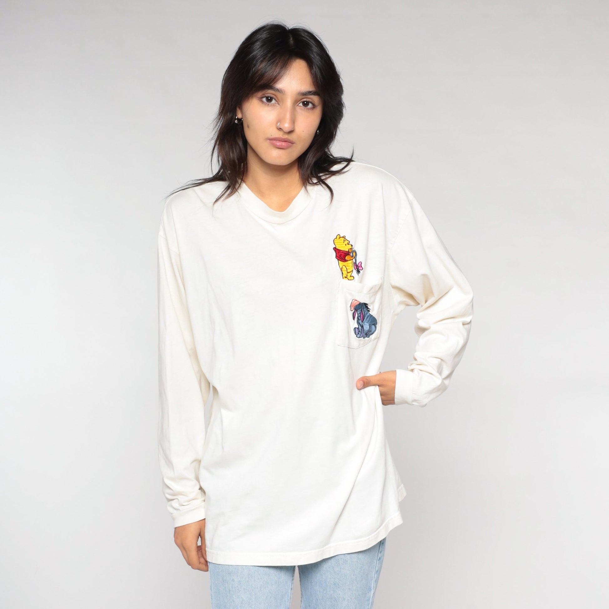 Y2K Disney Store Winnie The Pooh Eeyore Graphic Tee Long Sleeve White Large L