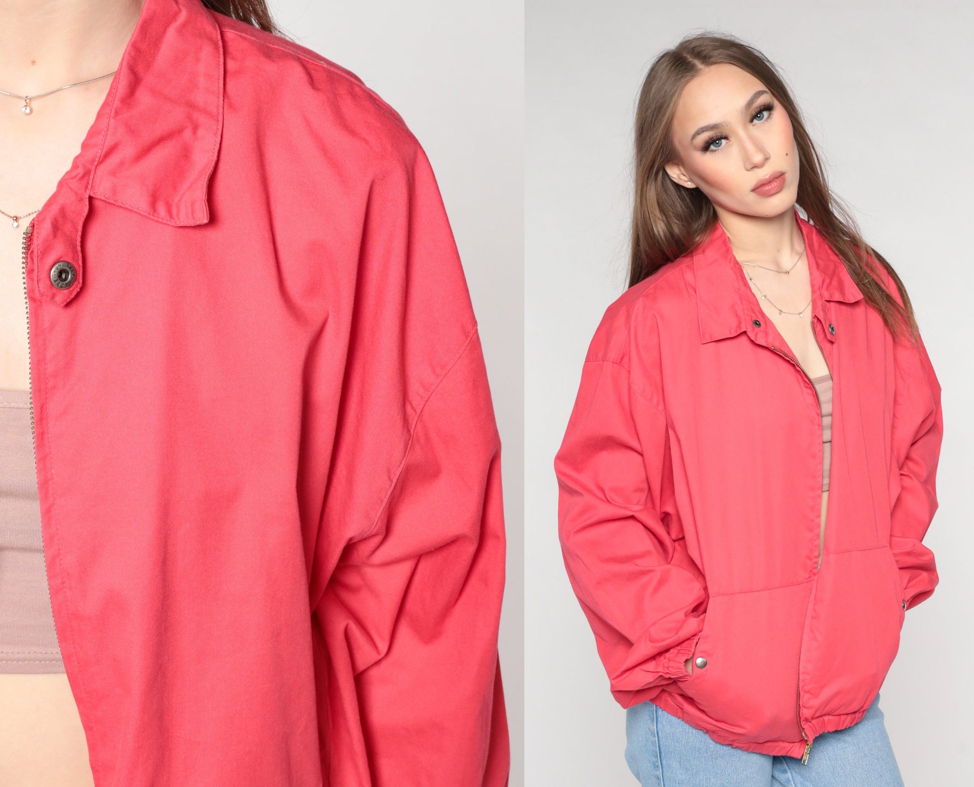 90s Red Cotton Windbreaker Jacket Zip Up Collared Large L