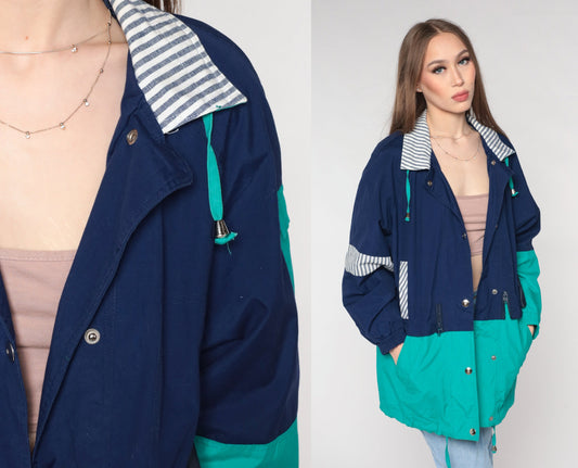 90s Blue Teal Windbreaker Jacket Cotton Blend Striped Trim Medium