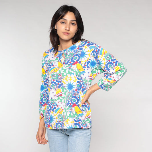 90s Abstract Floral Print Blouse Colorful Psychedelic 3/4 Sleeve White Large L