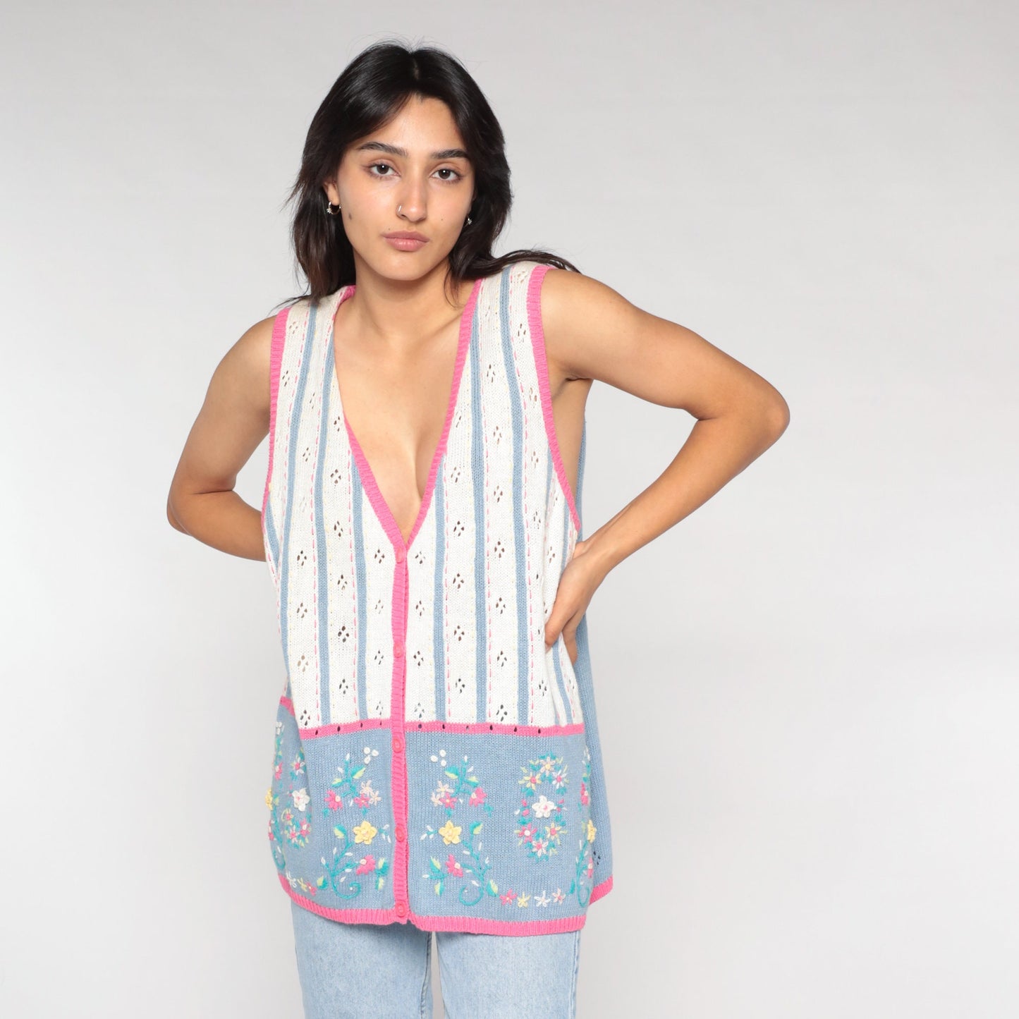 90s Floral Pointelle Knit Sweater Vest Button-Up White Pink Blue Extra Large XXL