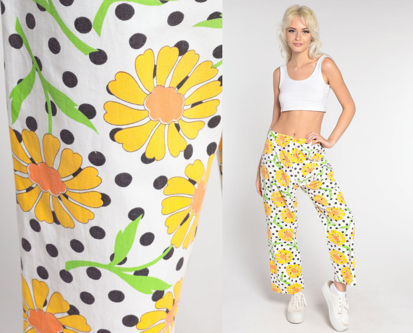 70s White Floral Straight Leg Pants High Waisted Cotton Medium