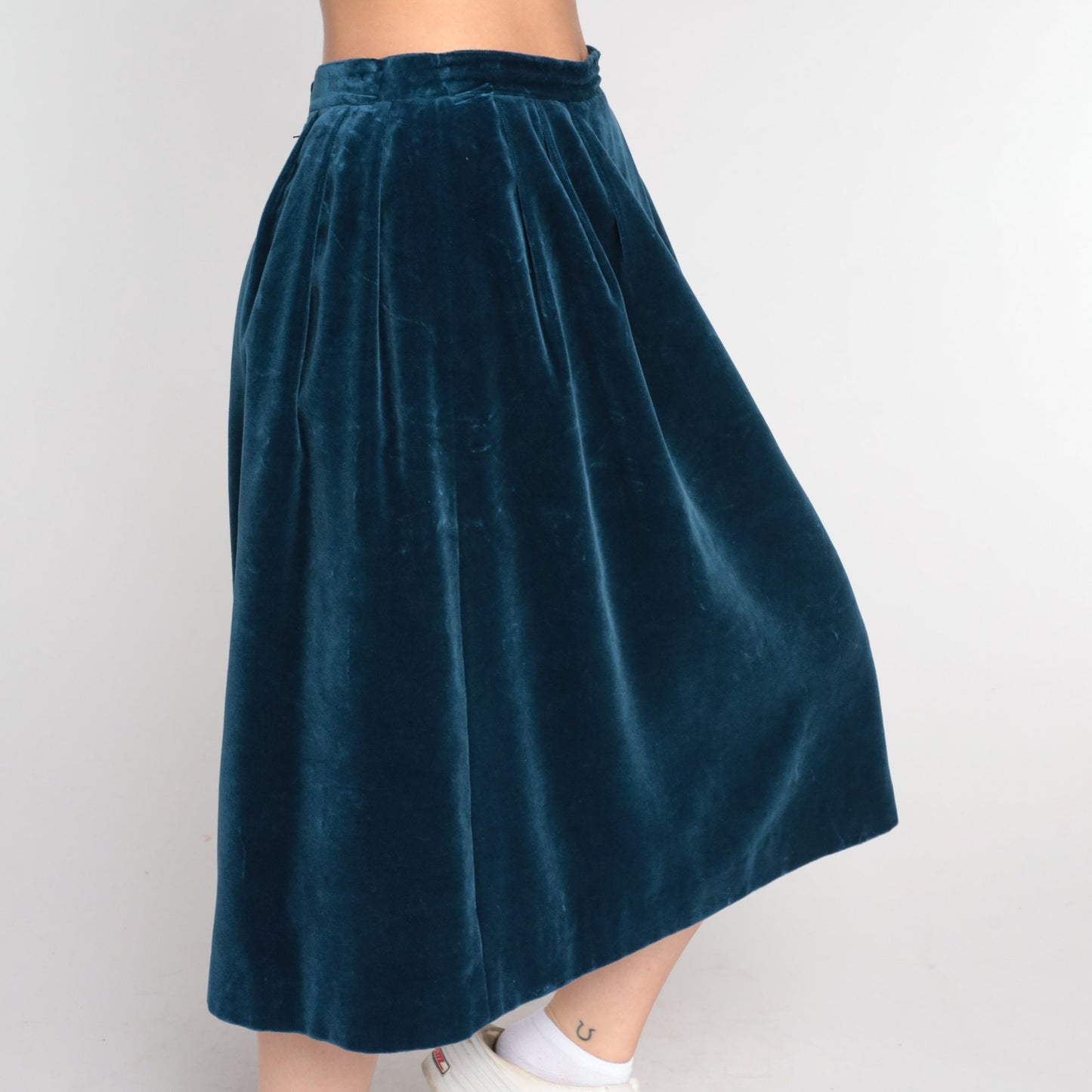 80s Dark Blue Velvet Midi Skirt High Waist Pleated Small