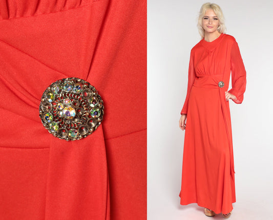 1970s Orange-Red Maxi Dress Rhinestone Sash High Waist Sheer Sleeve Medium