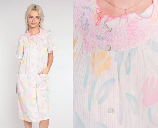 80s Floral Smocked Nightgown White Button-Up Lounge Dress Medium