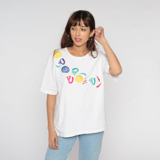 90s Iced T's Embroidered Swirl T-Shirt White Multicolor Abstract Graphic Large