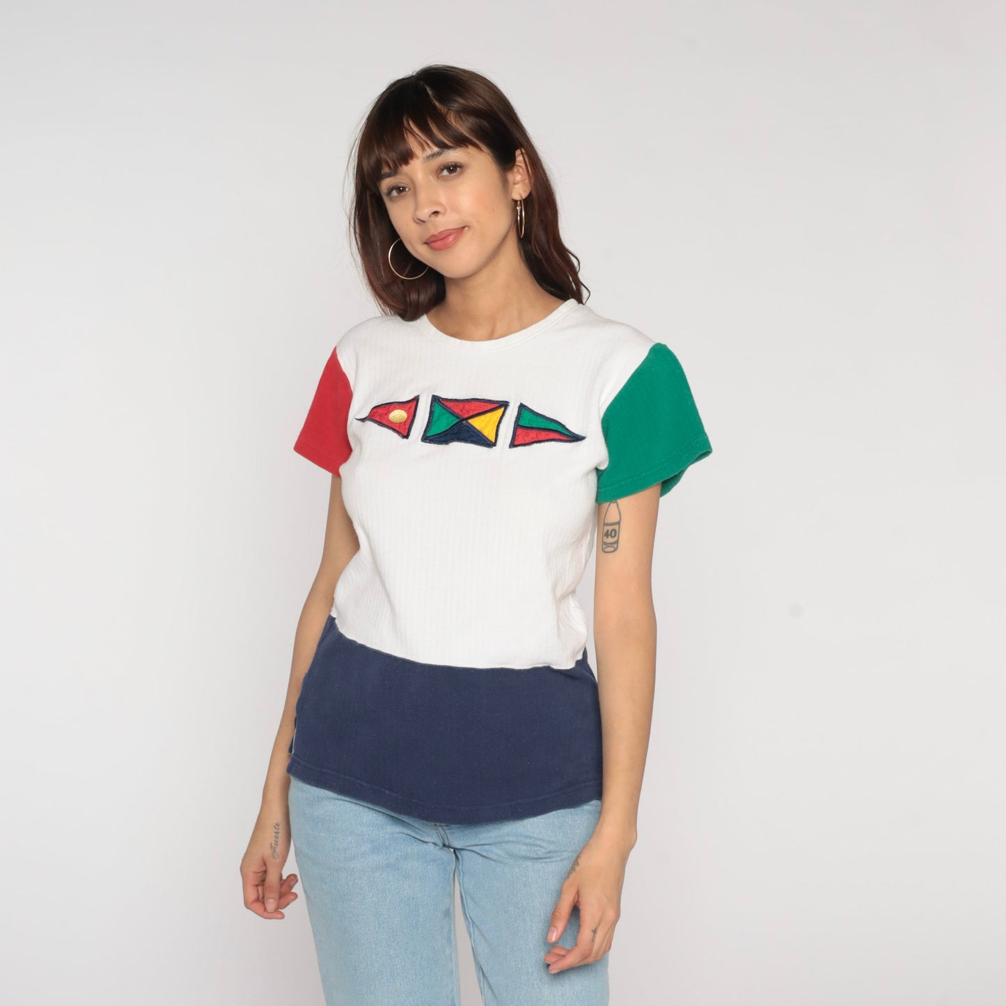 90s Nautical Flag Colour Block T-Shirt White Red Green Blue Sailing Tee Small