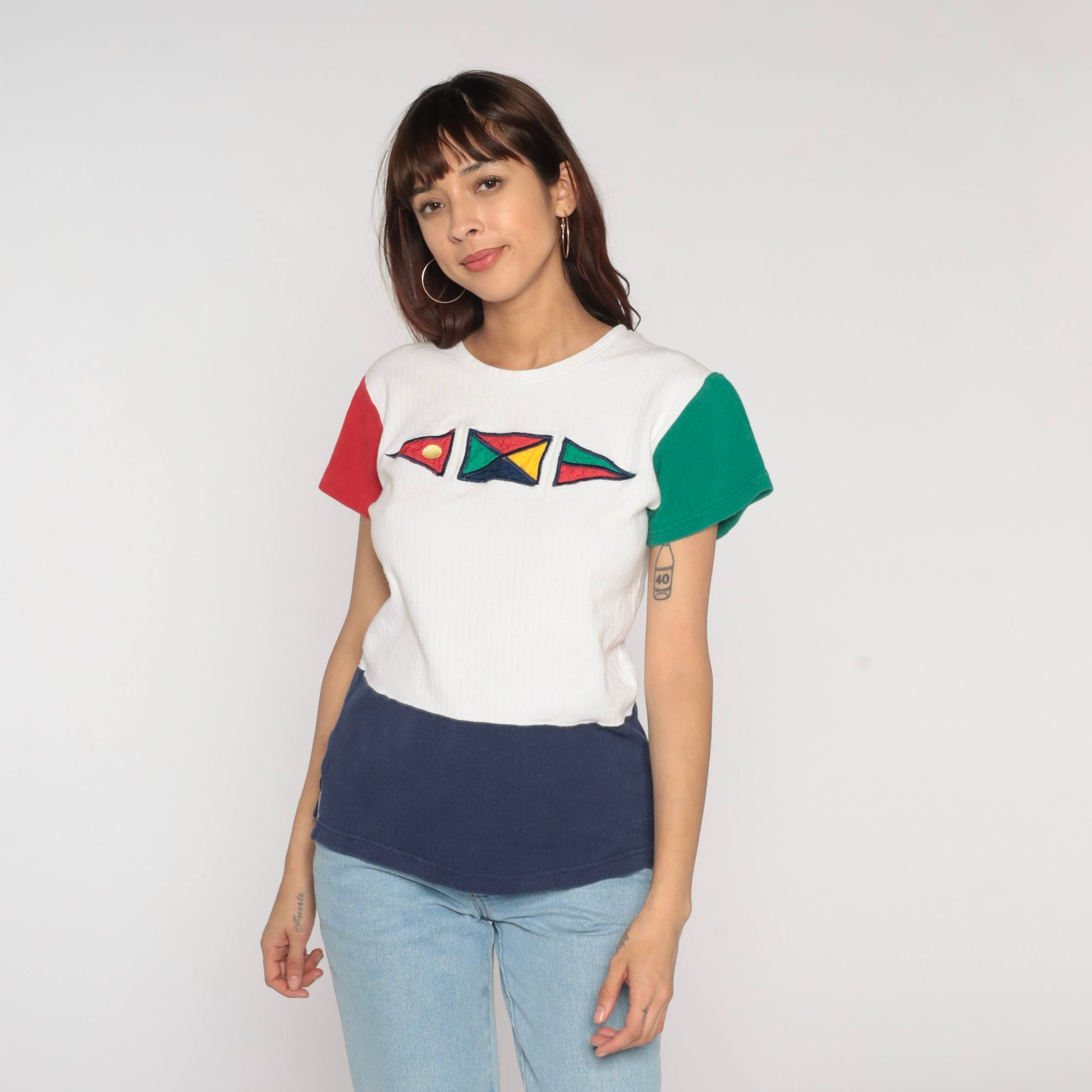 90s Nautical Flag Colour Block T-Shirt White Red Green Blue Sailing Tee Small