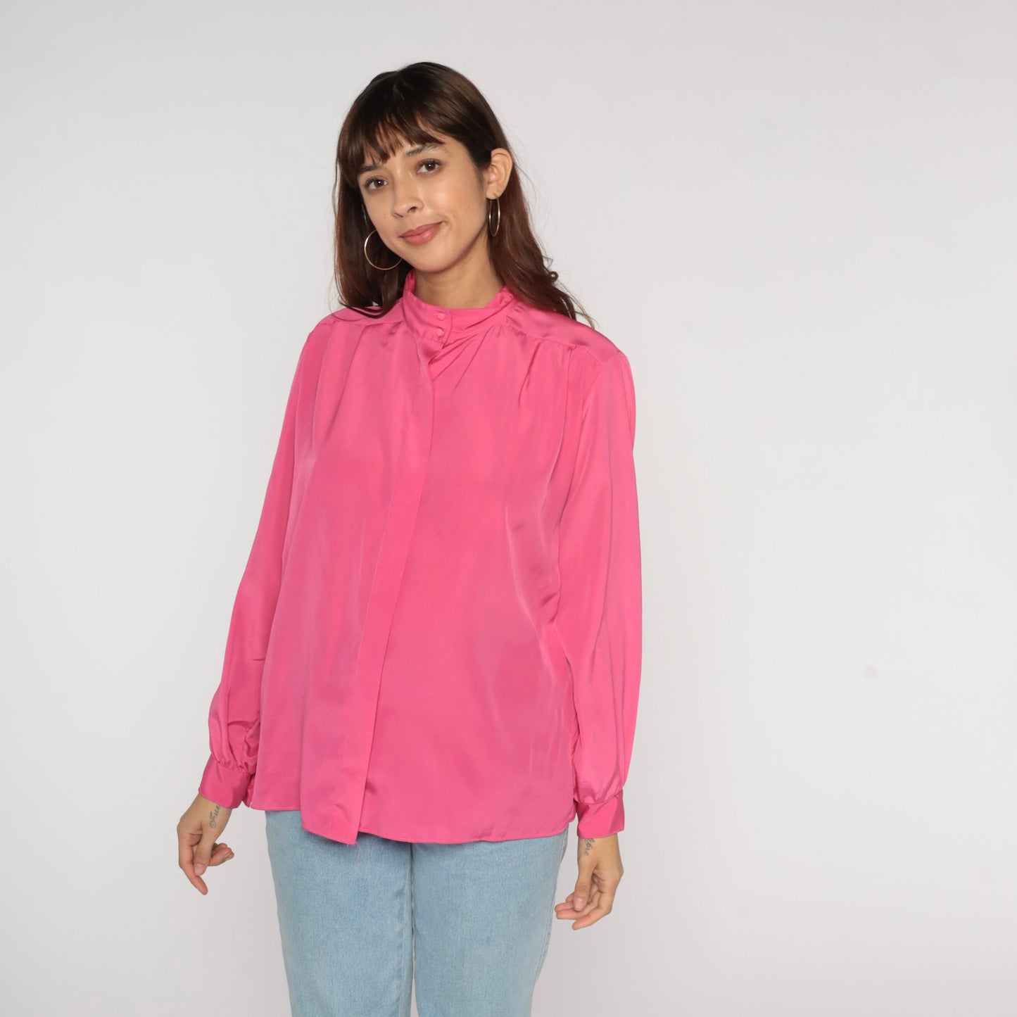 90s Hot Pink Balloon Sleeve Button-Up Blouse Large L