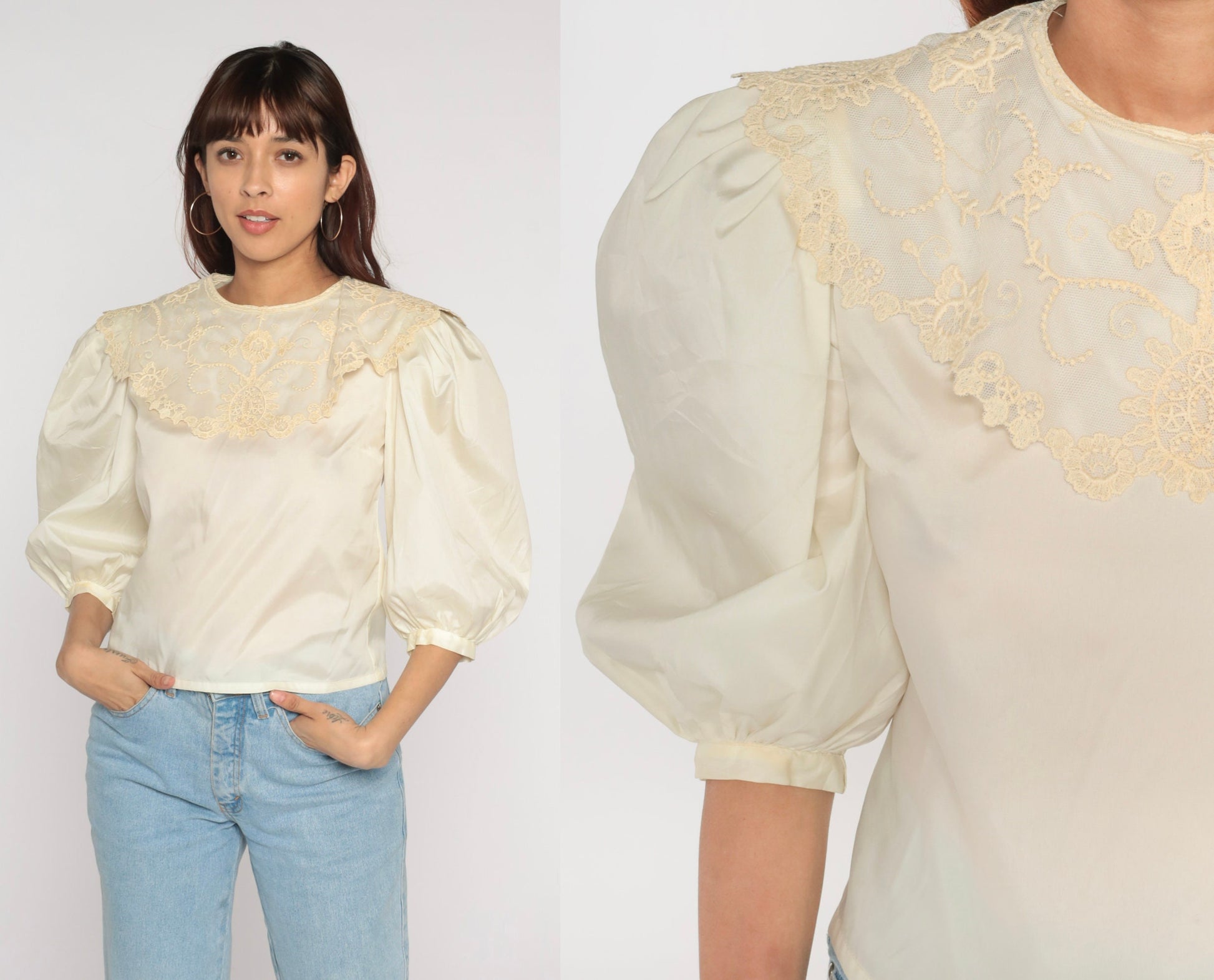 80s Puff Sleeve Blouse Beige Lace Bib Victorian Zip Back Small